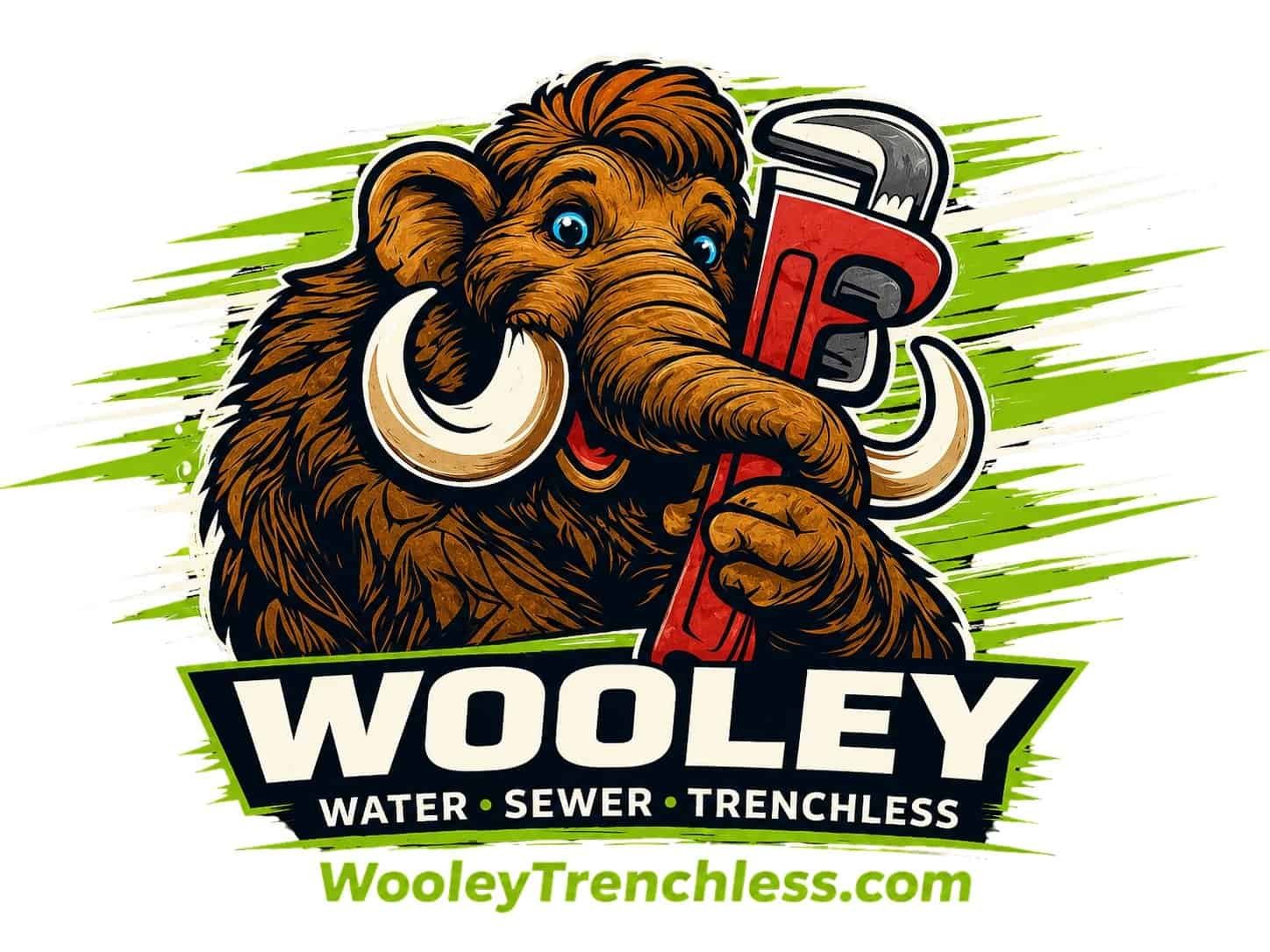 Wooley Water Sewer Trenchless logo — mammoth holding pipe wrench, family-owned since 1978
